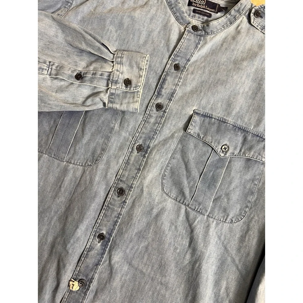 Vintage Polo Ralph‎ Lauren Shirt XL Band Collar Epaulette Work Faded Distressed